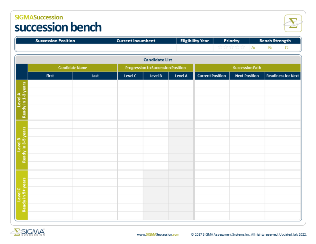Succession Bench Template from SIGMA Assessment Systems.