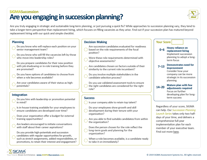 Succession Planning VS. Replacement Hiring Checklist from SIGMA Assessment Systems.