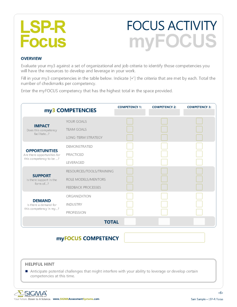 Page 6 of the LSP-R Focus Report – Sigma