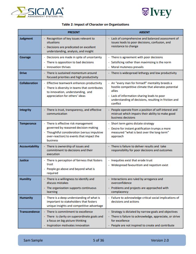Page2 Table from the Nature and Importance of Leadership Character section in the LCIA-self report