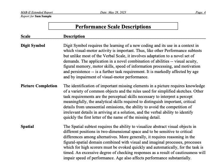 MAB-II Performance Scale Descriptions.